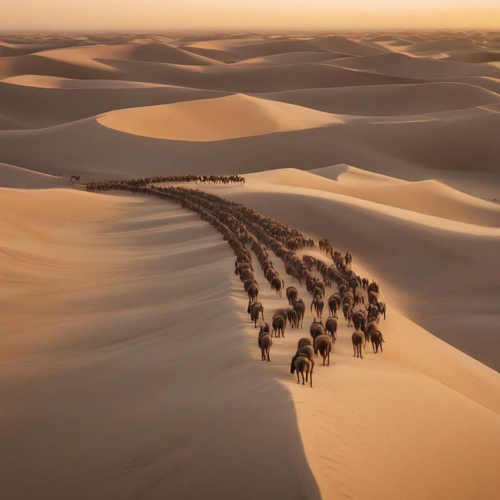 Long line of donkeys carrying gold bars through sand dunes